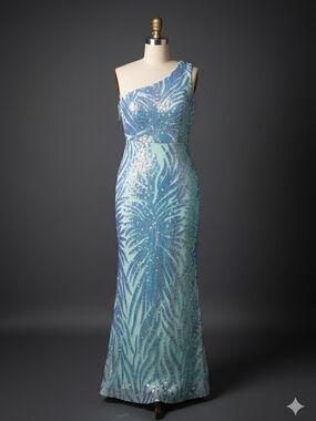 One-Shoulder Blue Sequin Evening Gown